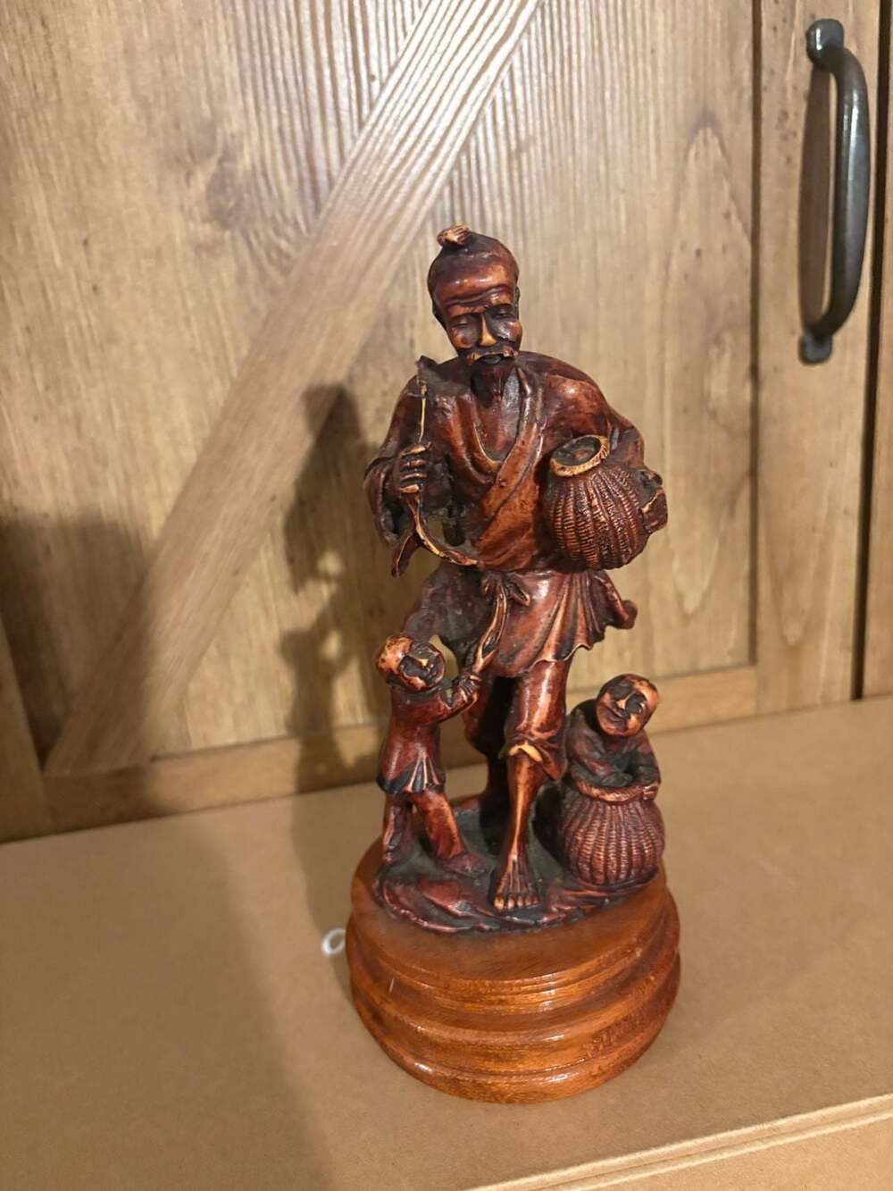Chinese Wood Figural Carving Fisherman with Children Size 8.5